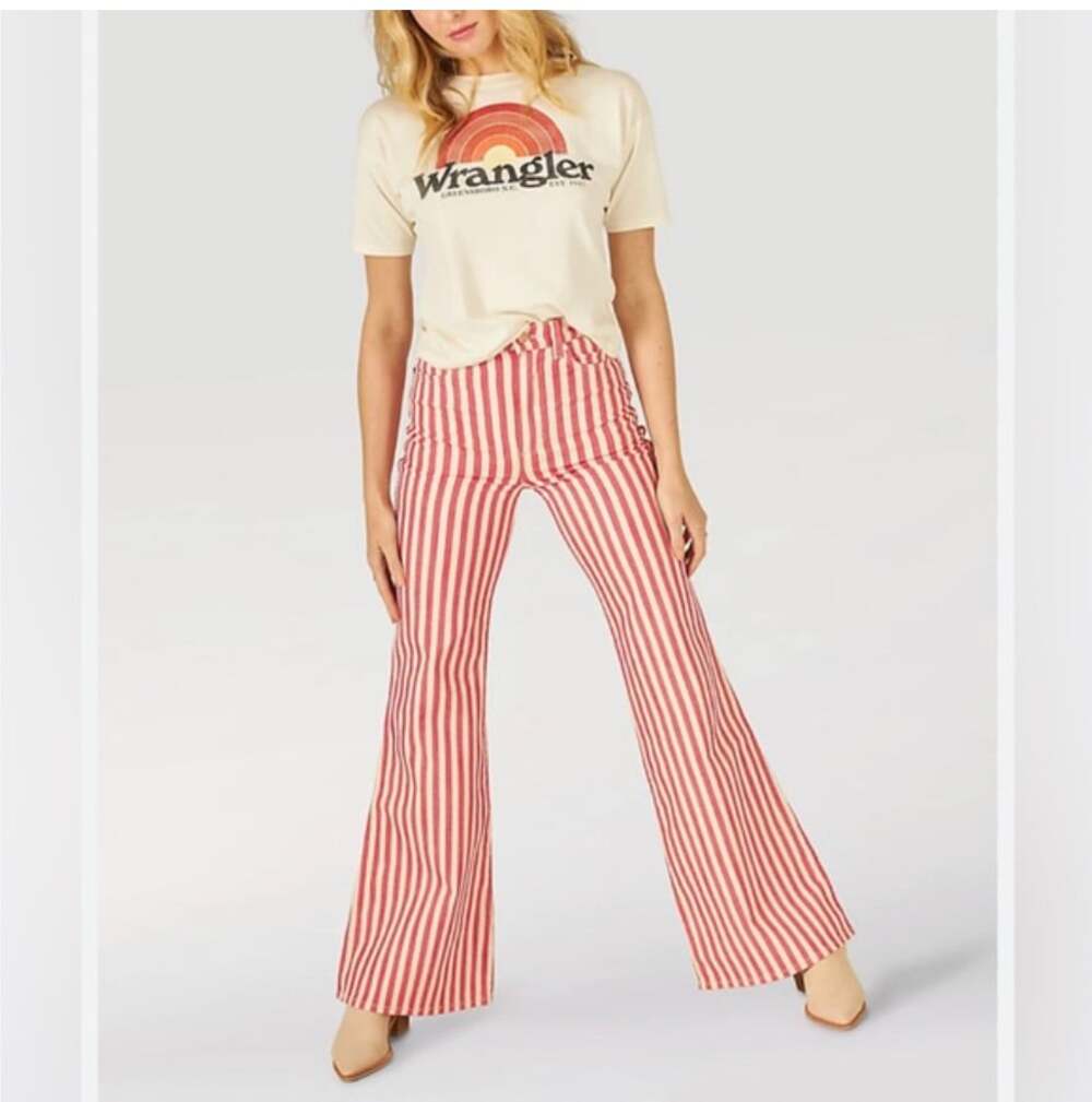 Wrangler Pants Womens 34x34 Red Stripe Denim Wanderer 622 High Rise Flare Jeans